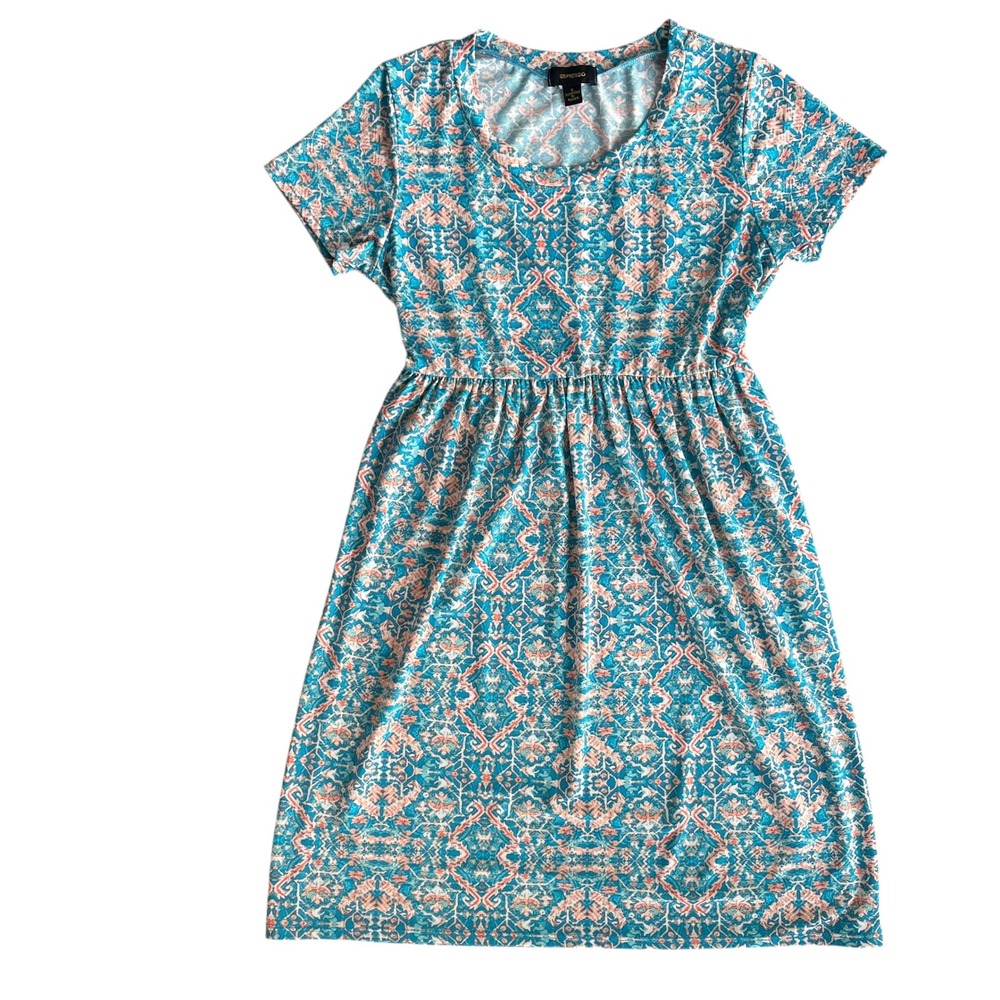 Espresso Women S Teal Coral Medallion Print Elastic Waist Short Sleeve Sun Dress